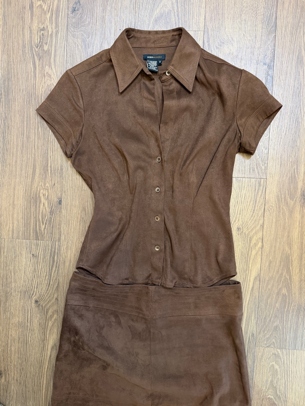 VINTAGE 90s INSANE BCBGMAXAZRIA Brown Faux Suede 2-Piece Skirt Set 6 Small Y2K - Picture 2 of 13